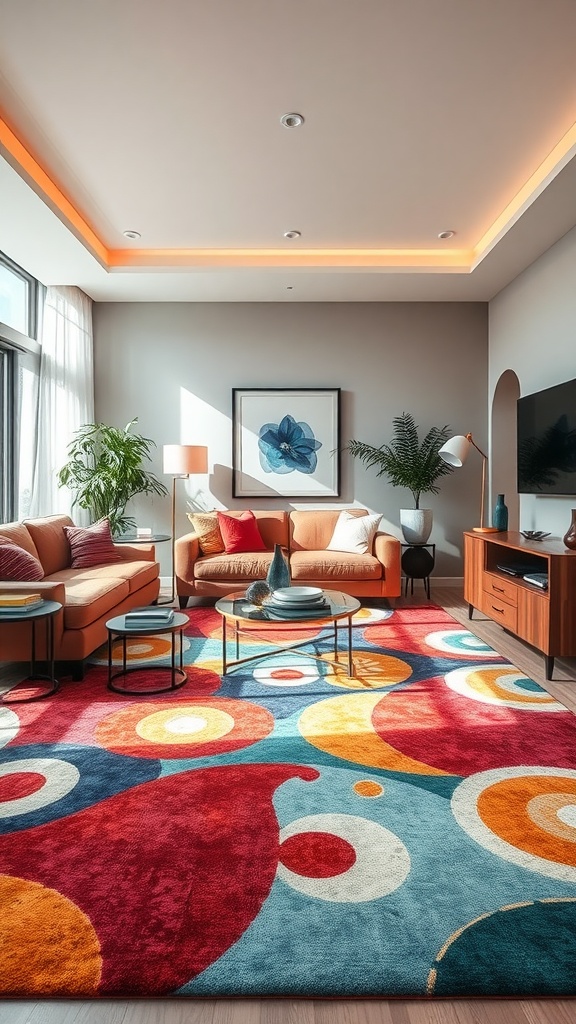 A vibrant living room featuring a colorful statement rug with bold patterns, complemented by cozy furniture and plants.