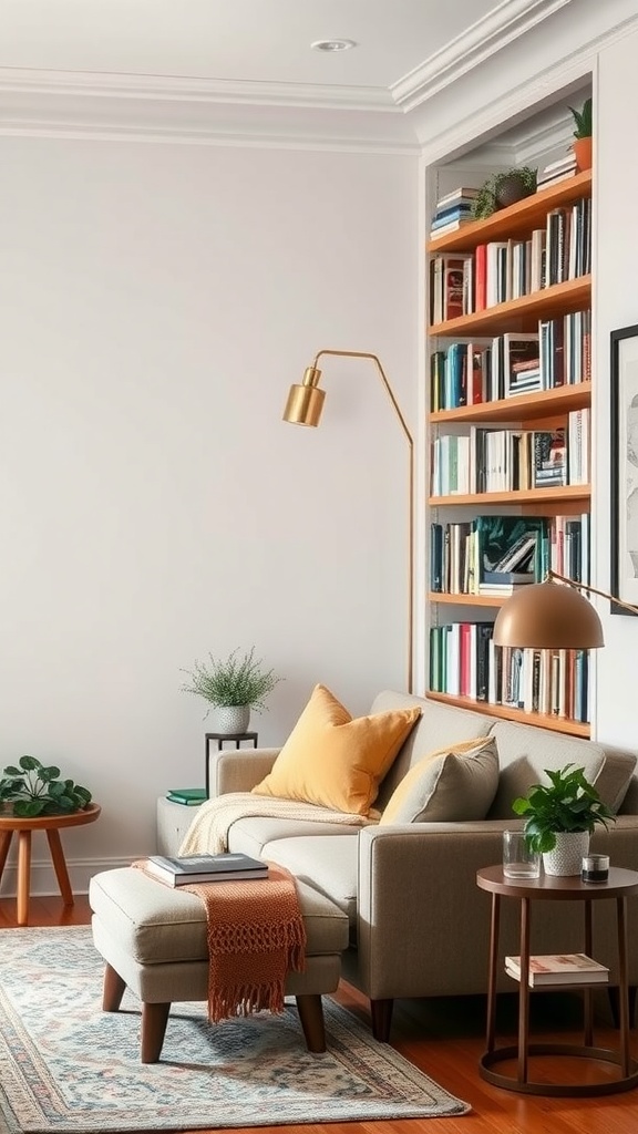 A cozy living room corner with a sofa, bookshelf filled with books, a lamp, and potted plants.
