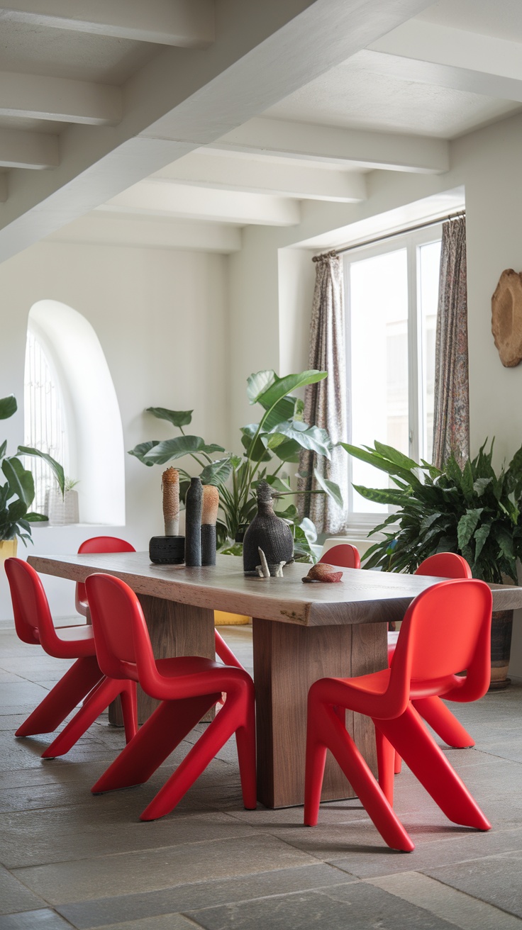 Mid-century modern dining room with a round table and colorful chairs