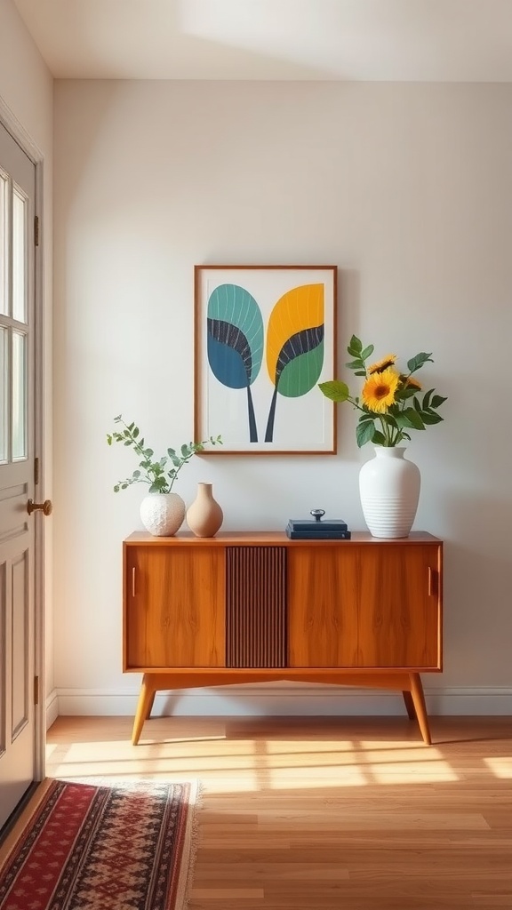 A stylish mid-century modern entryway with a wooden sideboard, colorful artwork, and decorative plants.