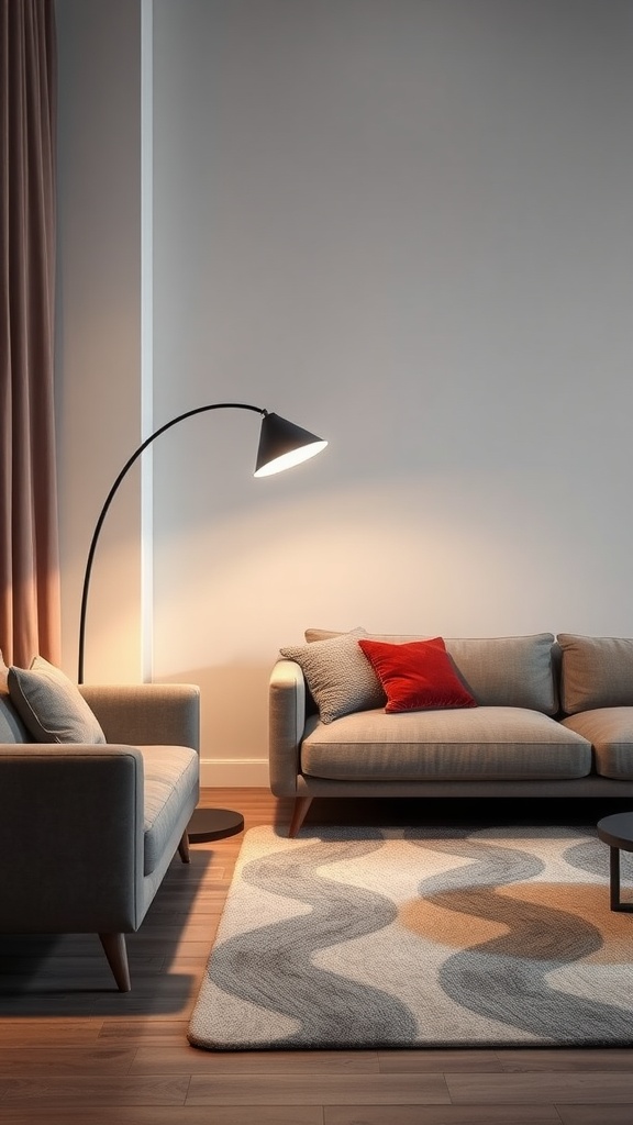 A modern living room featuring a sleek arc floor lamp, stylish sofas, a patterned rug, and a warm color palette.