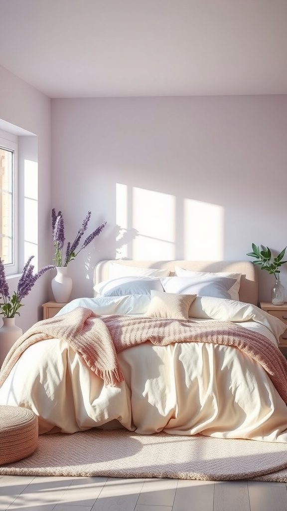 A cozy bedroom featuring lavender walls, creamy bedding, and floral accents.