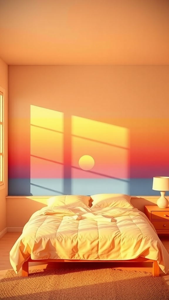 Cozy bedroom with sunrise-inspired color gradient on the wall and a neatly made bed