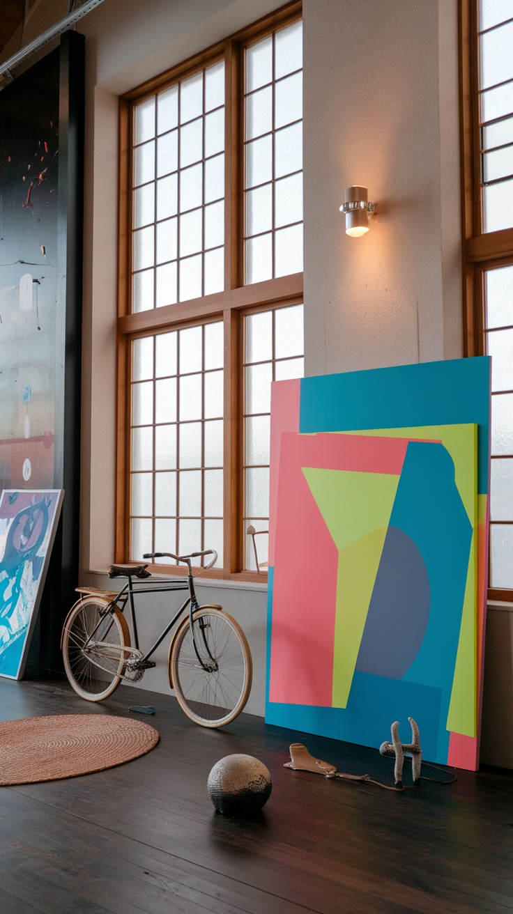 A vintage bicycle against a decorated wall featuring clocks, mirrors, and wall art.