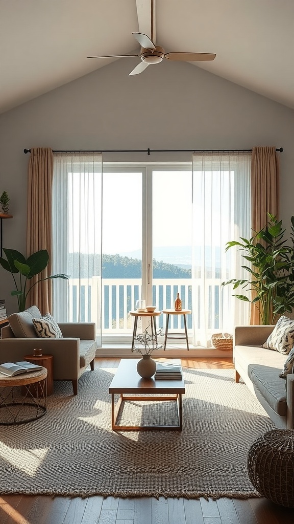 A cozy and bright living room featuring large windows, plants, and eco-friendly furniture.