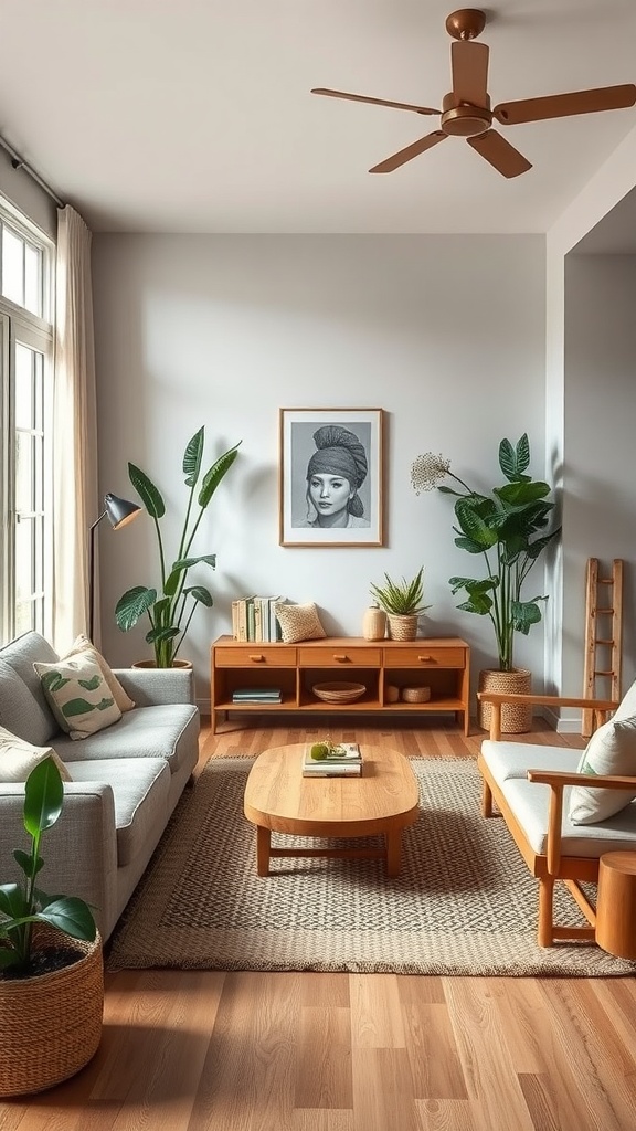 Cozy living room with wooden furniture, plants, and natural textiles