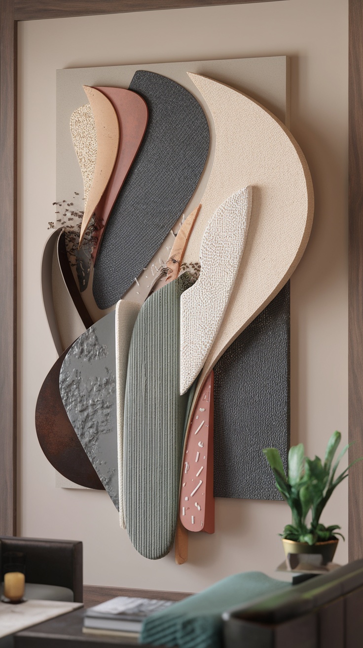 Colorful textural wall art featuring wooden letters and mixed media elements on a patterned background.