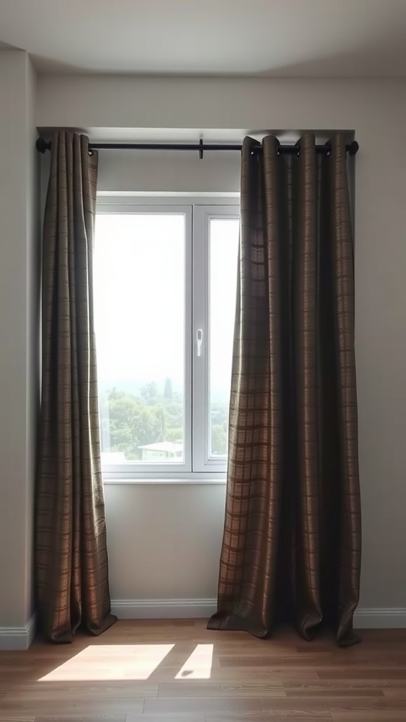 Textured brown curtains with a grid pattern hanging next to a window