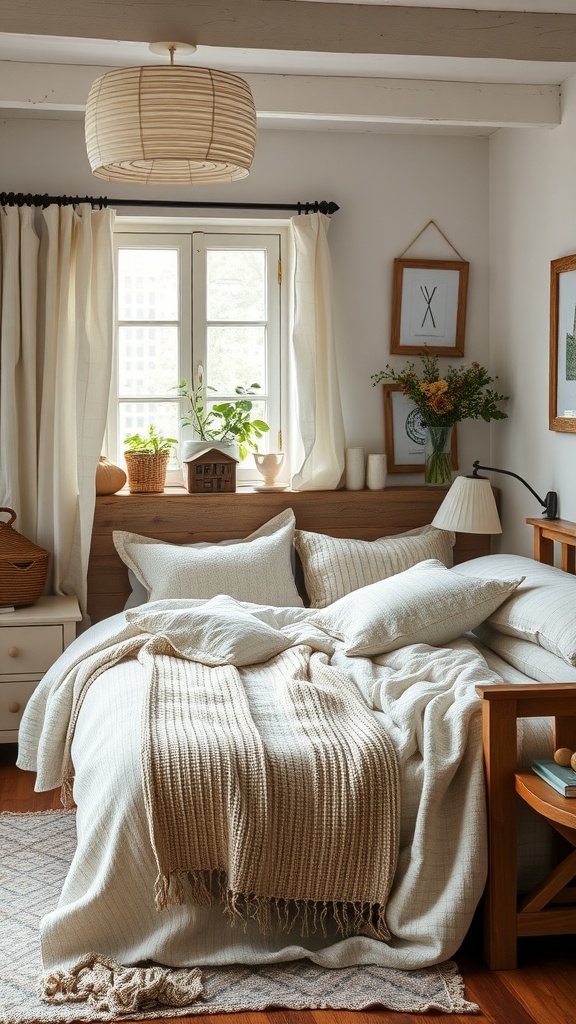 A cozy bedroom featuring layered textured fabrics and linens, creating a warm cottage style ambiance.