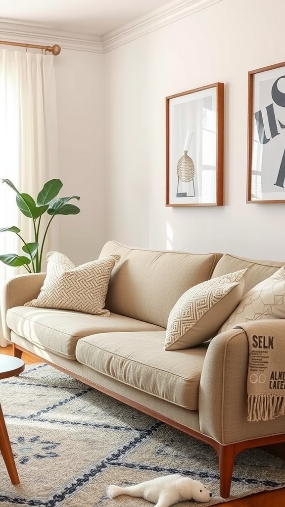 A beige sofa with textured throw pillows, surrounded by natural light and greenery.