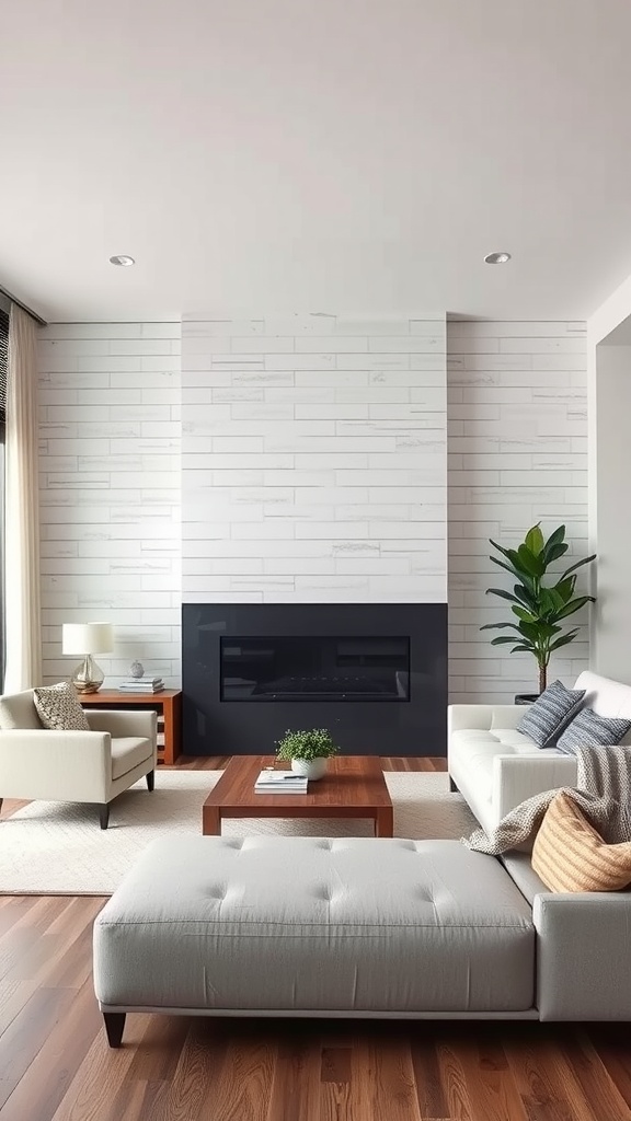A modern living room with a textured white wall, dark fireplace, and stylish furniture