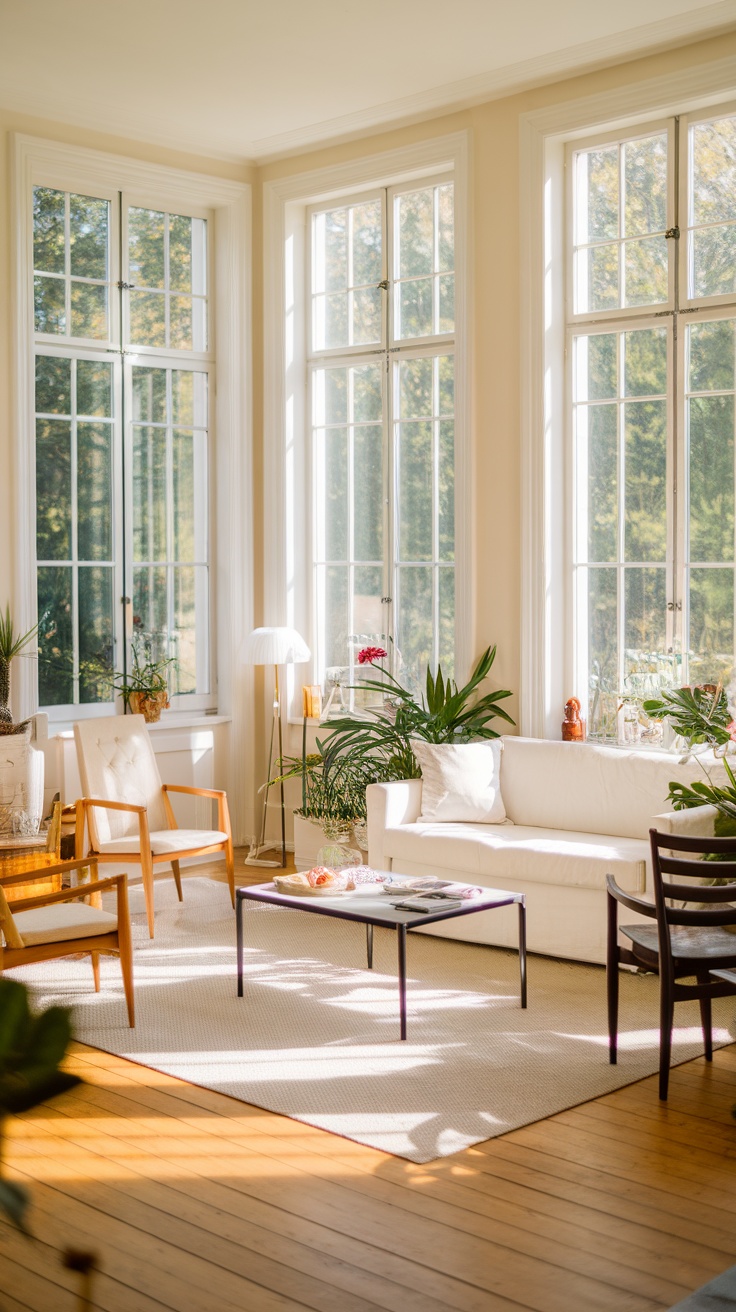 A bright room with two large French doors allowing natural light to flood in, enhancing the space's brightness and warmth.