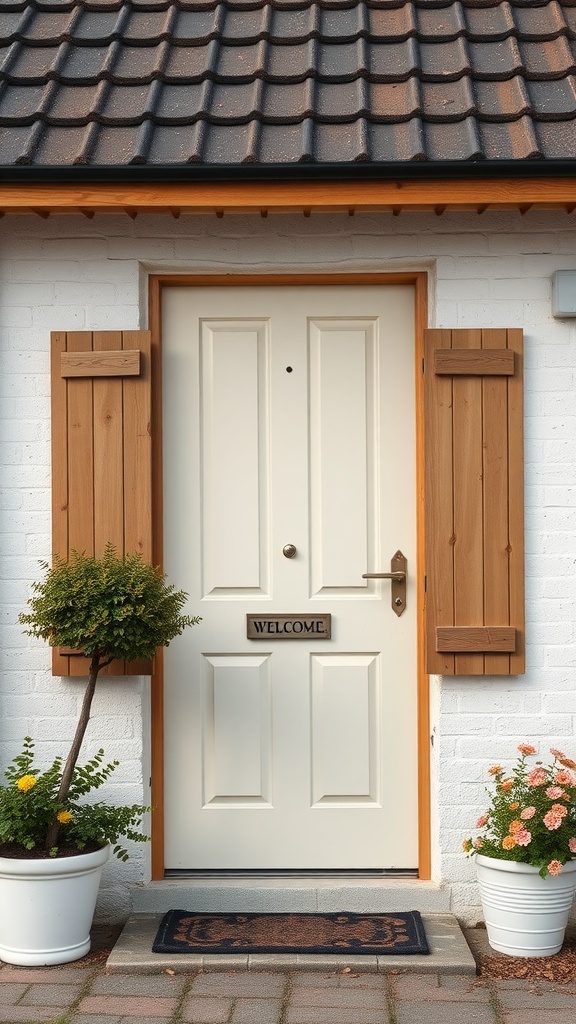 A cottage-style door with traditional wood shutters and a welcome sign.