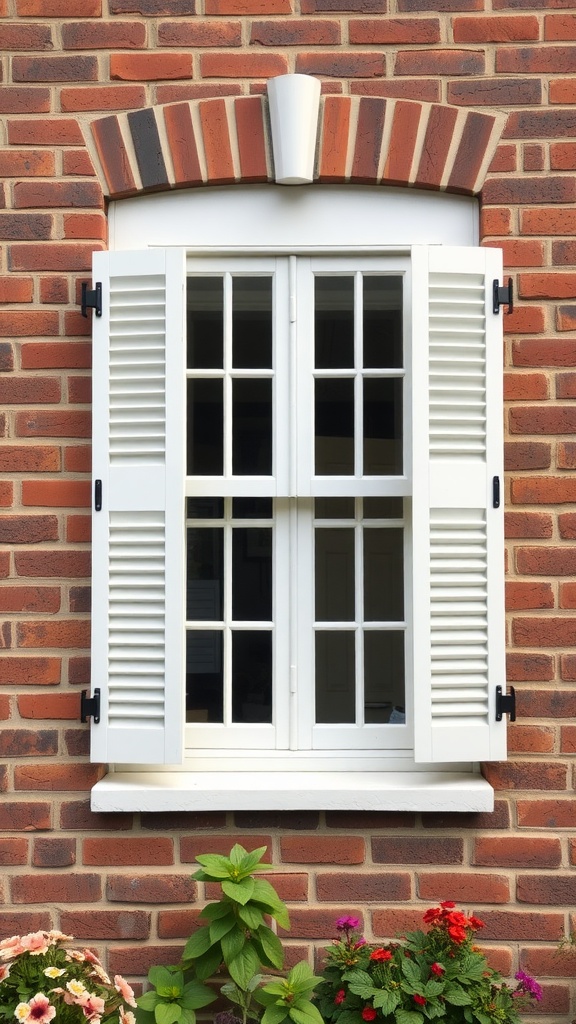 A window with white wooden shutters on a brick wall, surrounded by colorful flowers.
