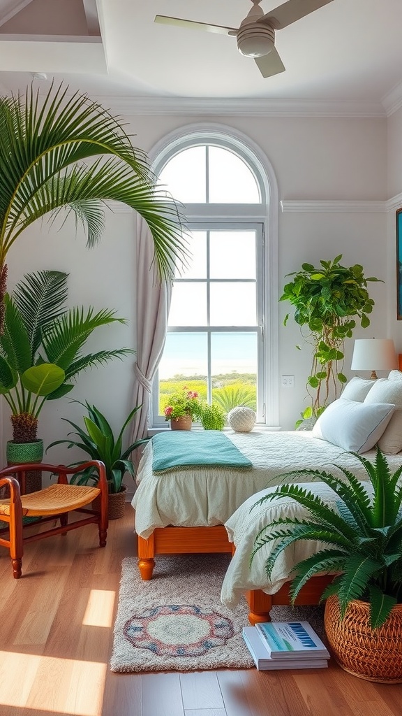 A bright coastal bedroom featuring tropical plants, a bed with light bedding, and a view of nature through large windows.
