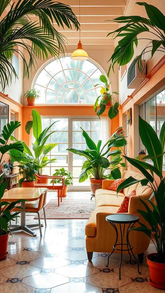 Bright sunlit room with large window, orange walls, yellow couch, and various green plants