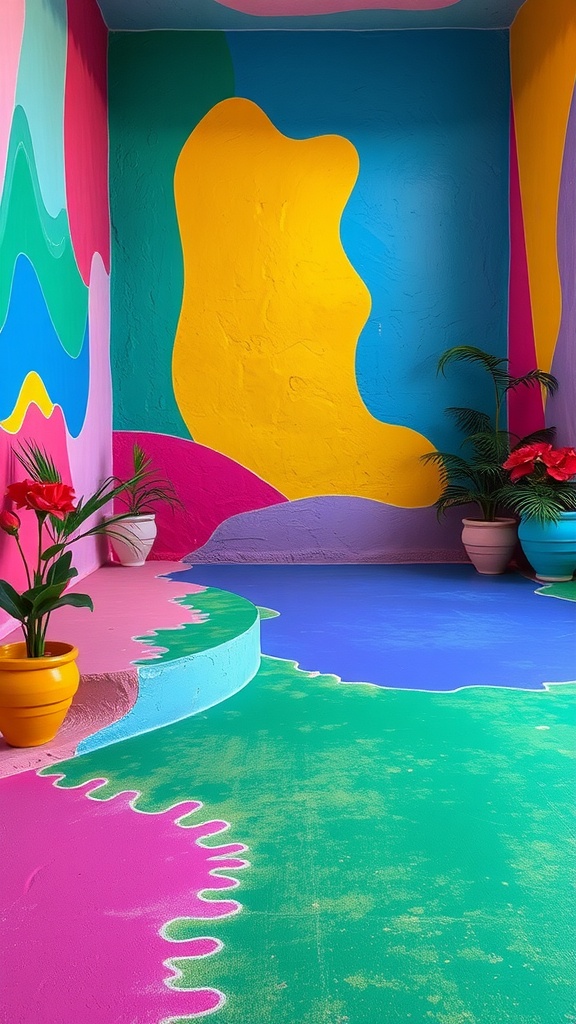 A bright and colorful room with abstract patterns on the walls and colorful potted plants.