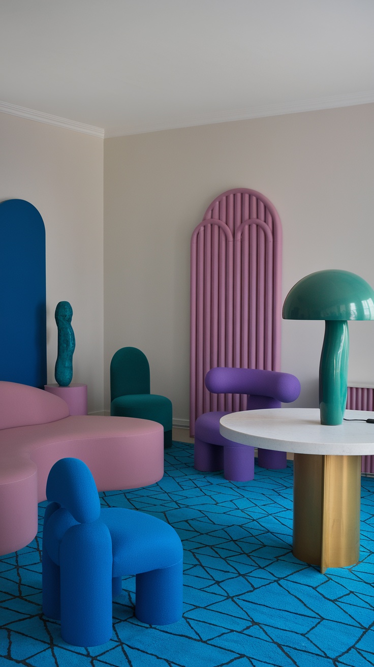 Cozy living area featuring unique furniture shapes and colorful silhouettes