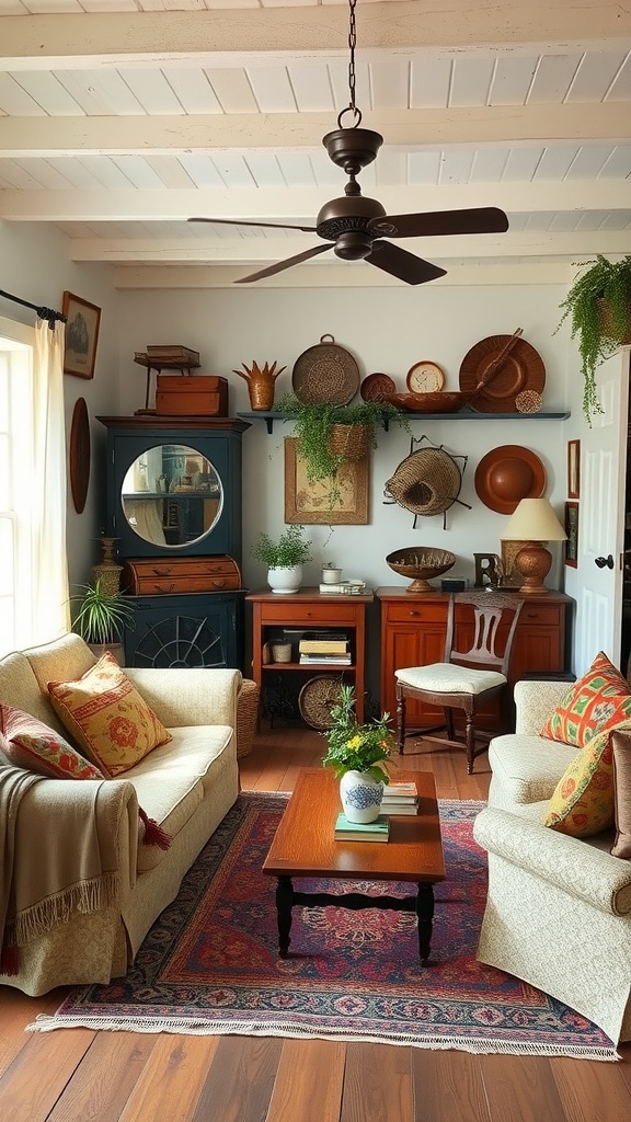 Cozy cottage living room with vintage decor