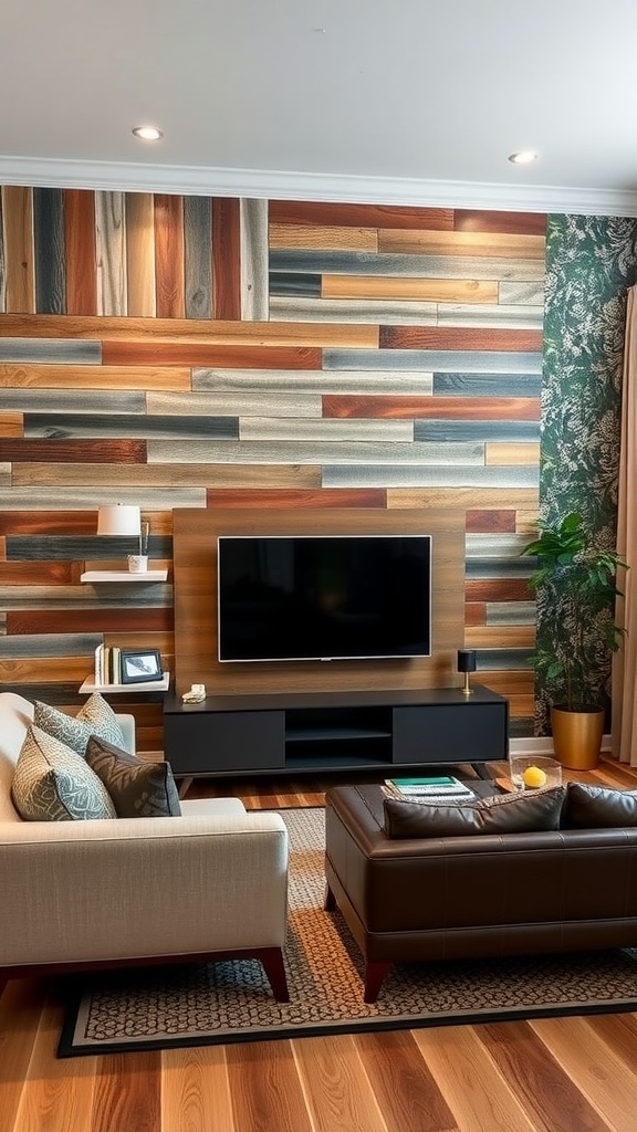 A living room featuring a unique wooden wall treatment with various colors and textures, complemented by floral wallpaper on one side.