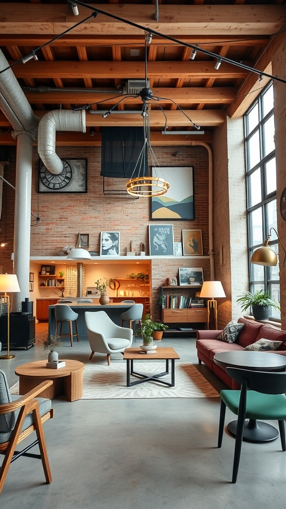 A cozy urban retro loft space featuring exposed brick walls, wooden beams, and stylish furniture.