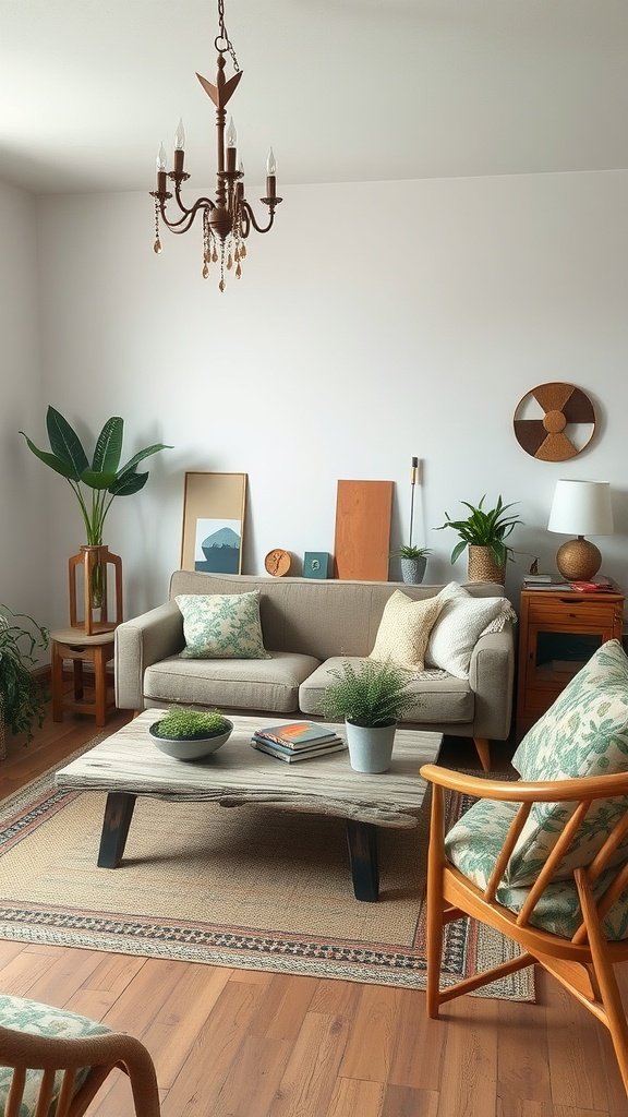 A cozy farmhouse living room featuring a reclaimed wood coffee table, comfortable couch, and greenery.