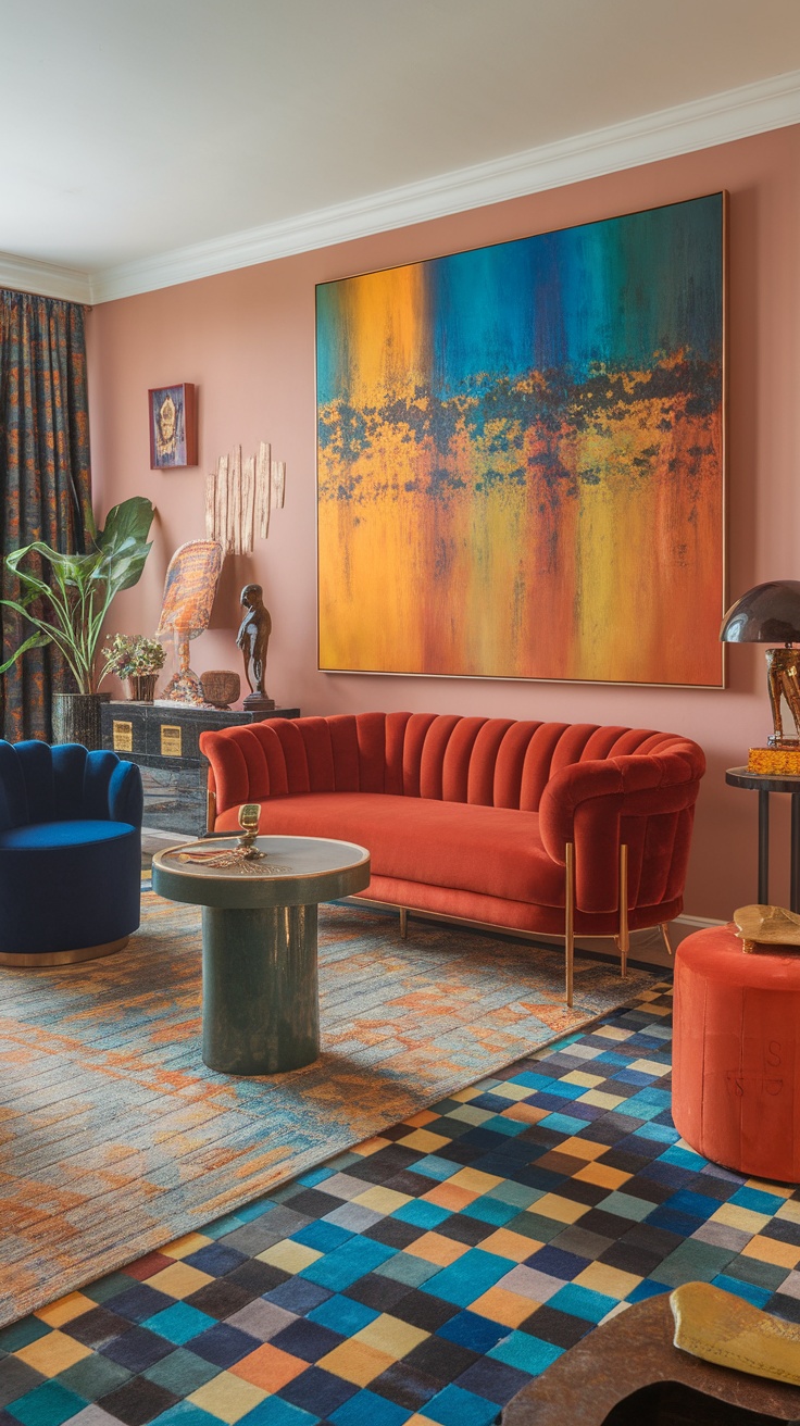 A vibrant living room featuring pink and teal walls, colorful sofas, and artistic decor.