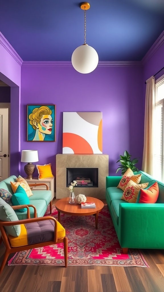 Eclectic living room featuring purple walls, a blue ceiling, colorful sofas, and vibrant artwork.