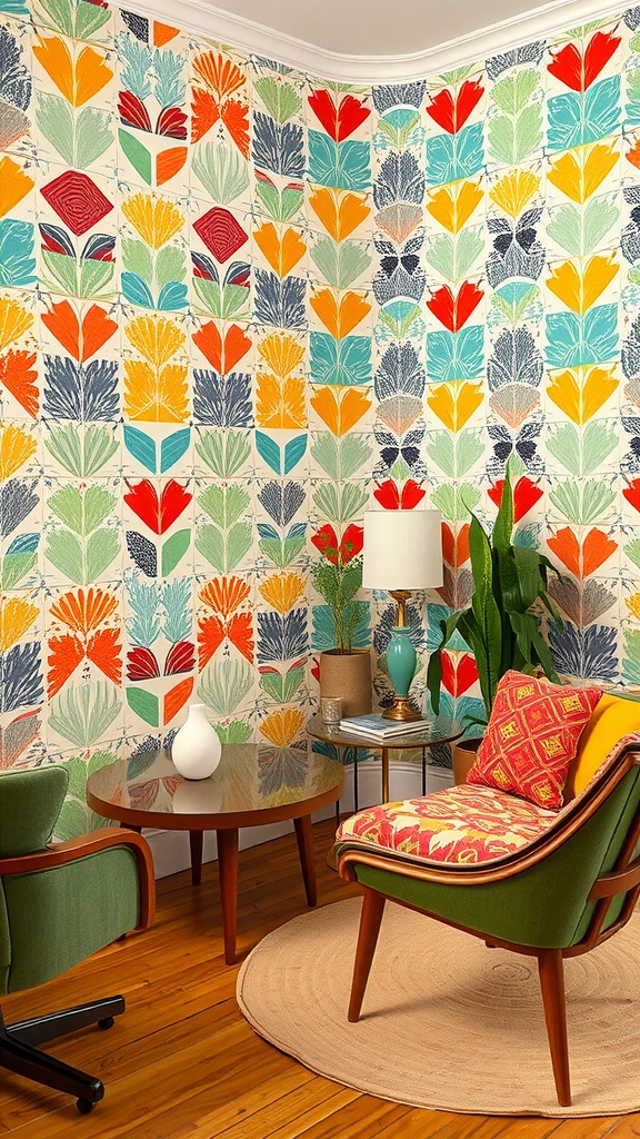 Interior room with vibrant geometric patterned wallpaper featuring colorful leaf designs.