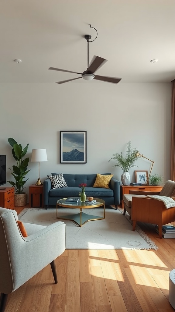 A cozy living room featuring a mid-century modern sofa, wooden furniture, and plants.