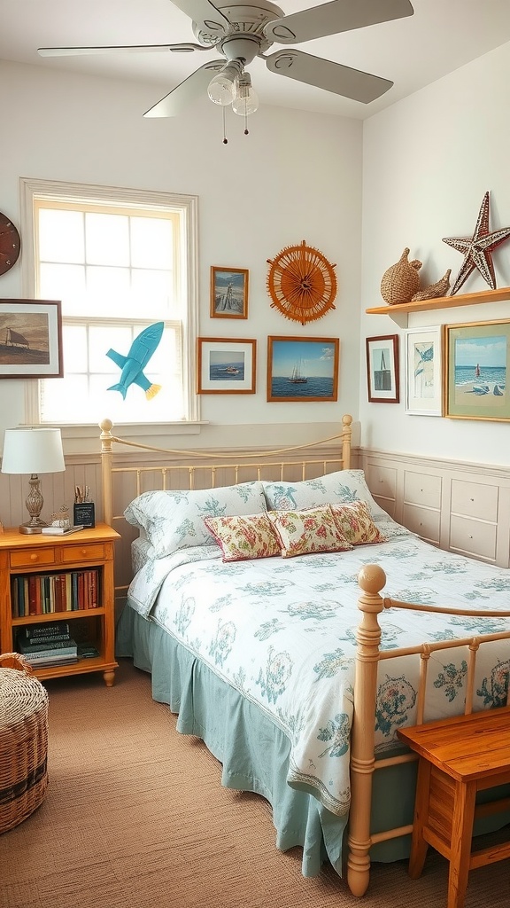 Cozy vintage coastal bedroom with floral bedspread and ocean-themed decor