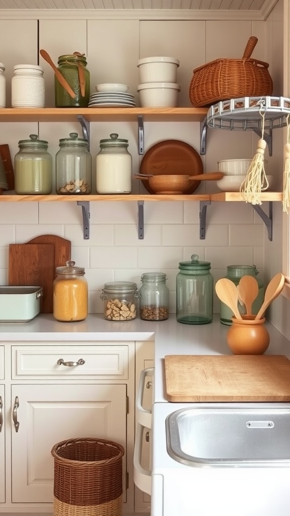 Cozy vintage farmhouse kitchen with open shelves displaying jars and wooden utensils.