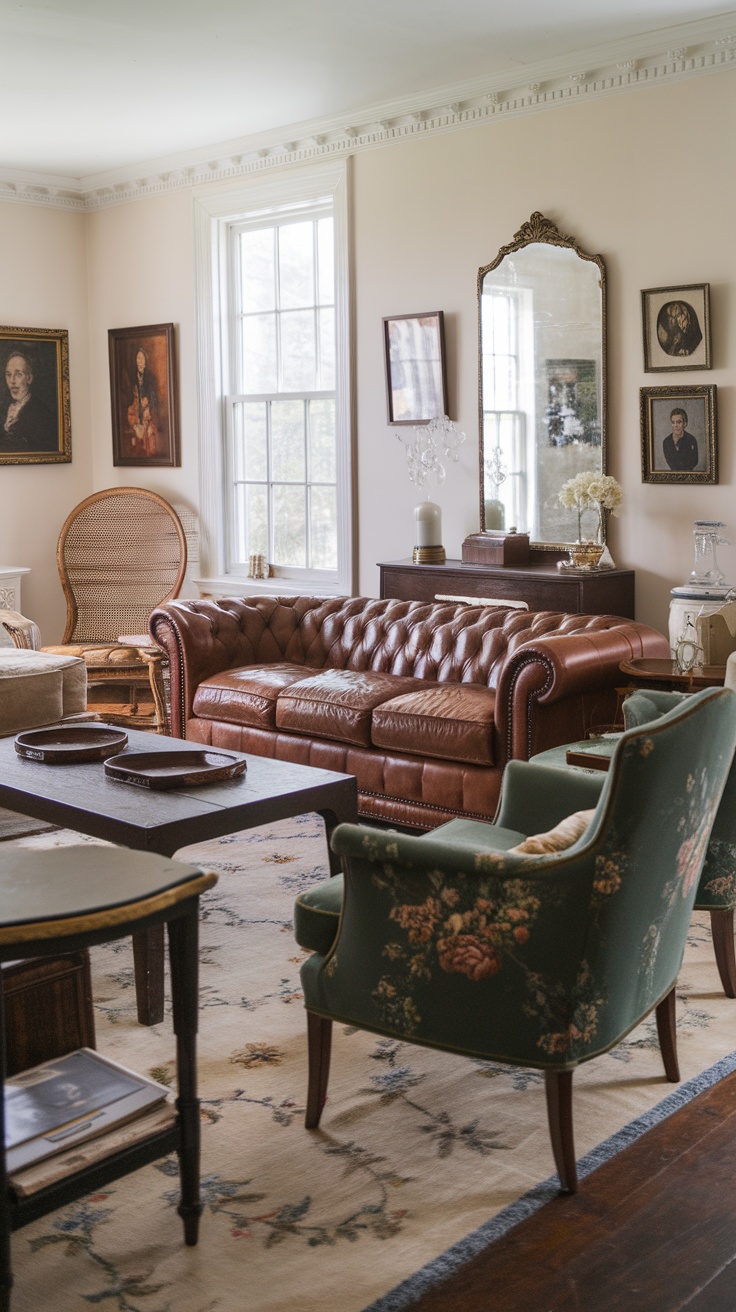 Cozy farmhouse living room with vintage furniture and decorative items.