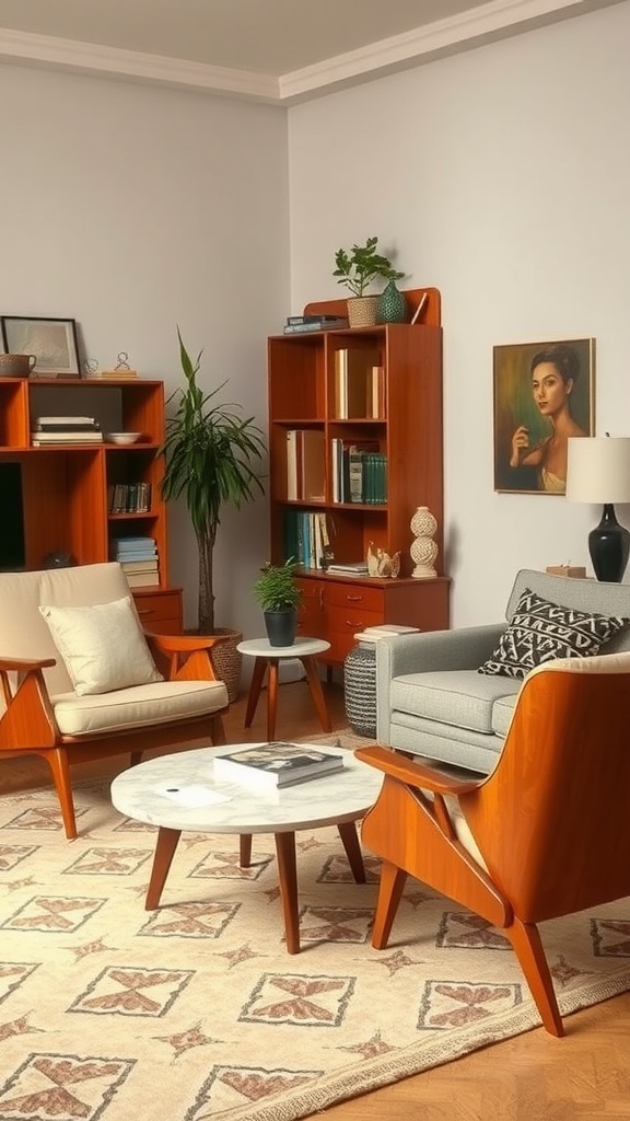 A cozy living room with vintage furniture, including a marbled coffee table, wooden chairs, and bookshelves filled with books.