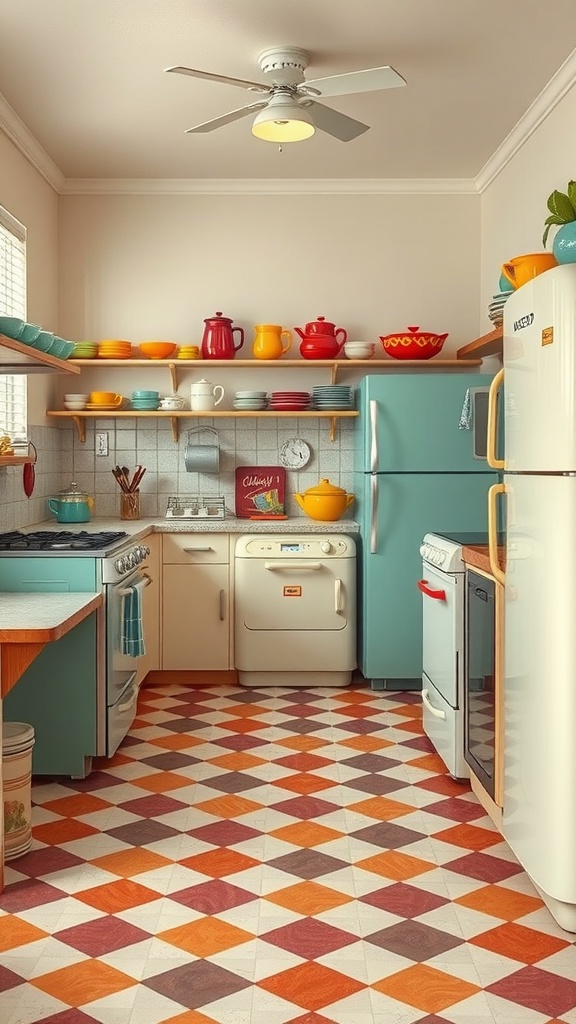 A vintage-inspired kitchen featuring mint green appliances, colorful dishware on shelves, and a diamond-patterned floor.