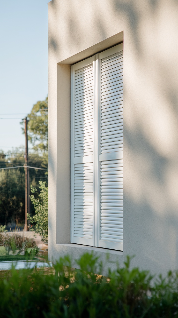 A close-up of a vinyl shutter mounted on a wall, showing its sleek design and durability features.