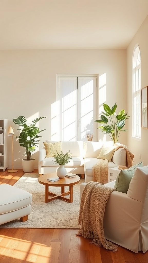 A cozy living room featuring warm beige walls, soft white sofas, and wooden furniture, enhanced by natural light and green plants.
