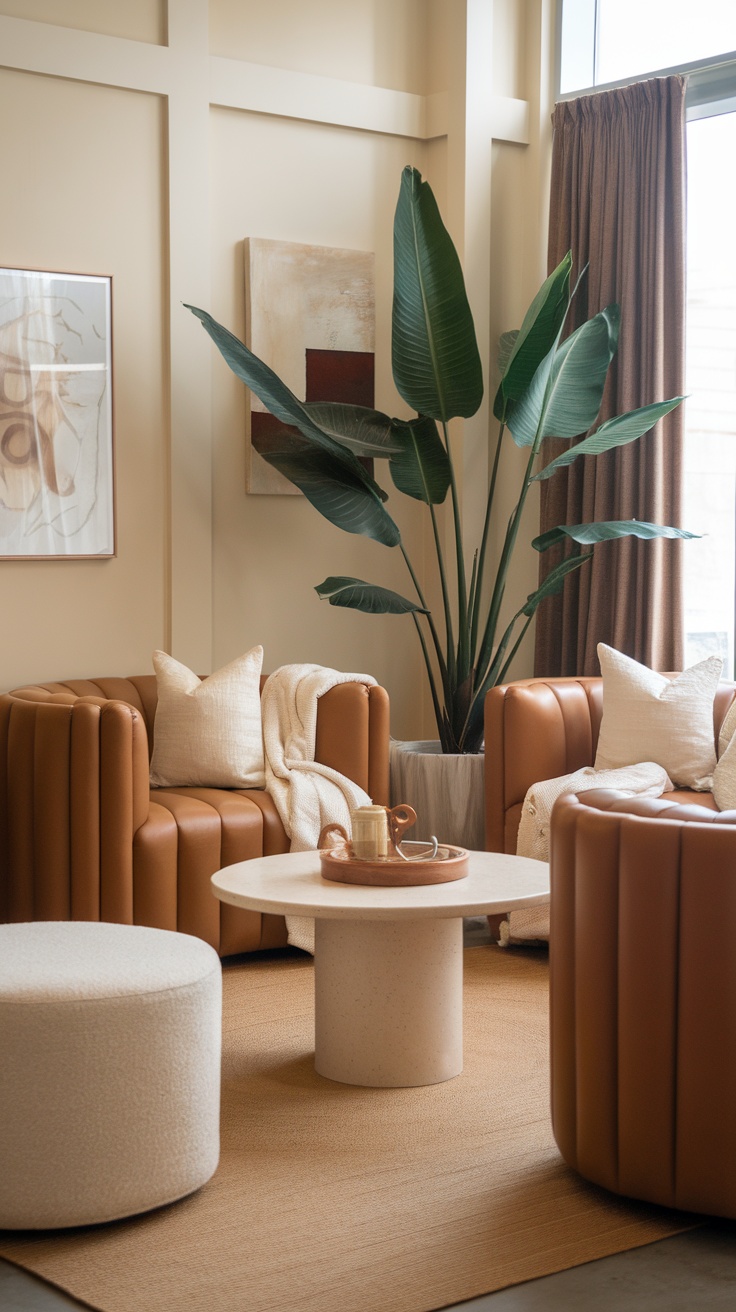 Living room decorated in warm caramel and soft white colors with orange sofas and plants