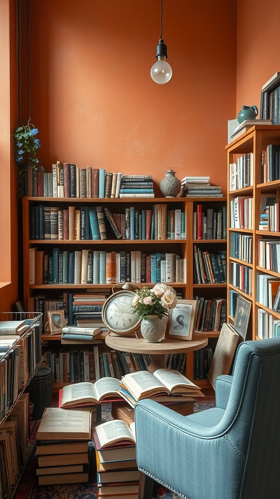 Cozy reading nook with warm cinnamon walls and dusty blue chair, filled with books and warm lighting.