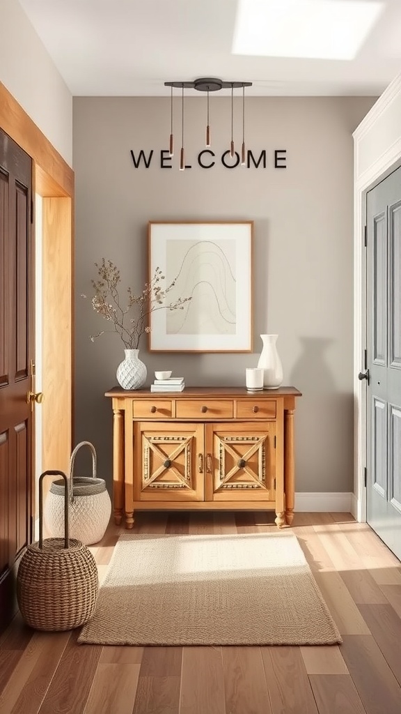 A cozy entryway featuring warm greige walls, natural wood furniture, and woven baskets.