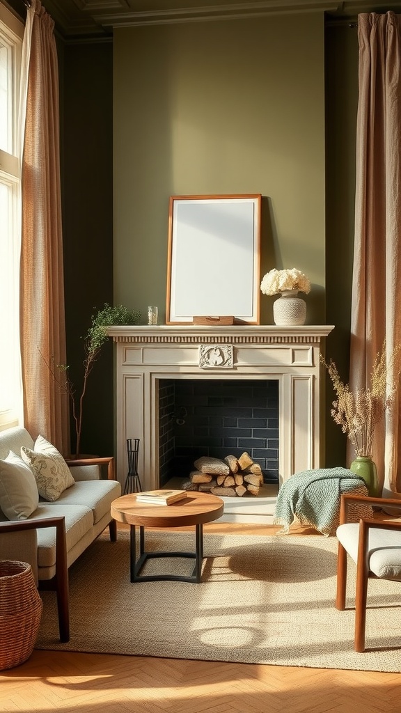 A cozy living room featuring warm olive green walls, natural linen curtains, wooden furniture, and a fireplace.