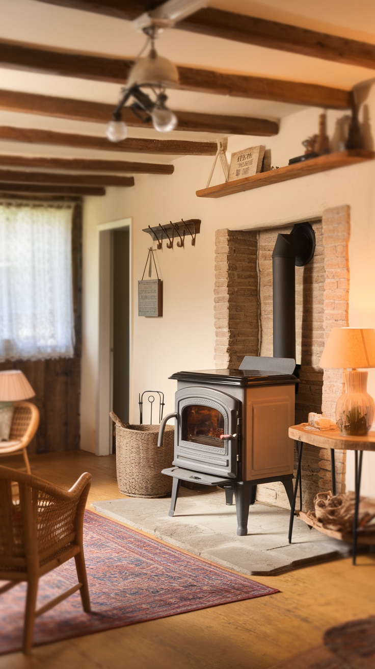 A cozy wood-burning stove in a farmhouse living room, featuring a brick hearth and rustic decor.