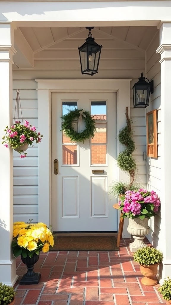 A welcoming entryway with vibrant flowers, a white door, and decorative lanterns.