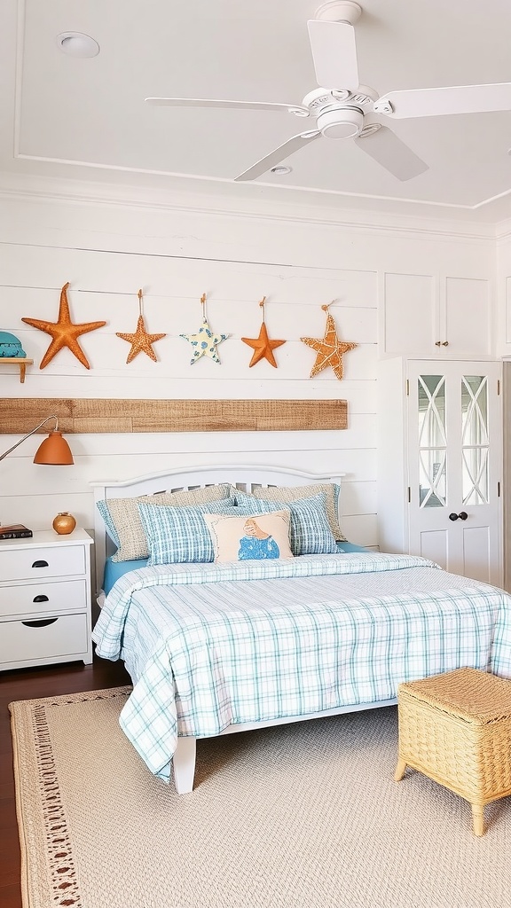 A cozy bedroom with beach-themed decor, featuring starfish on the wall and soft blue bedding.