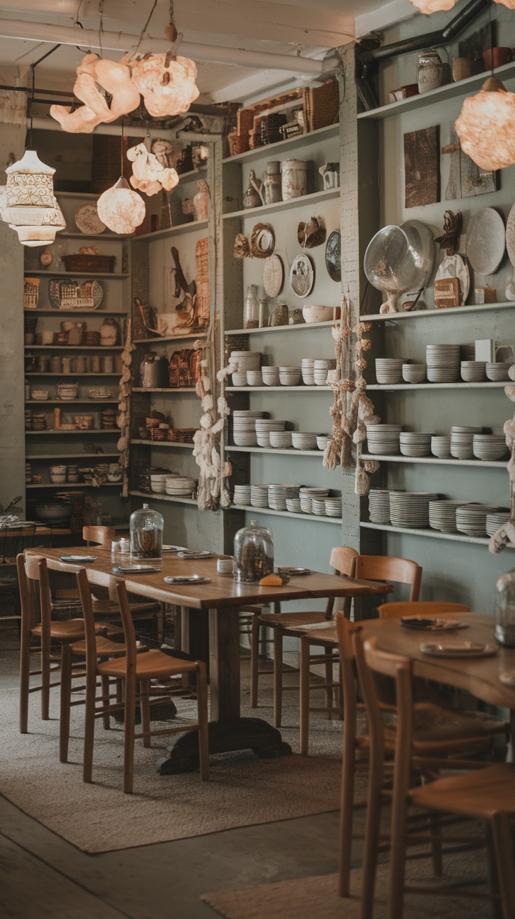 A cozy dining area with whimsical lighting fixtures and candle arrangements on the table.