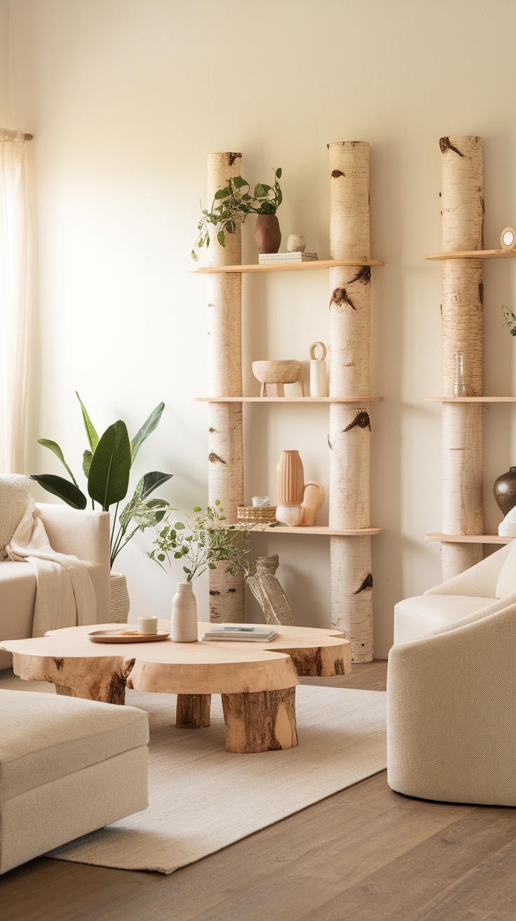 Living room with birch wood accents, warm white furniture, and plants