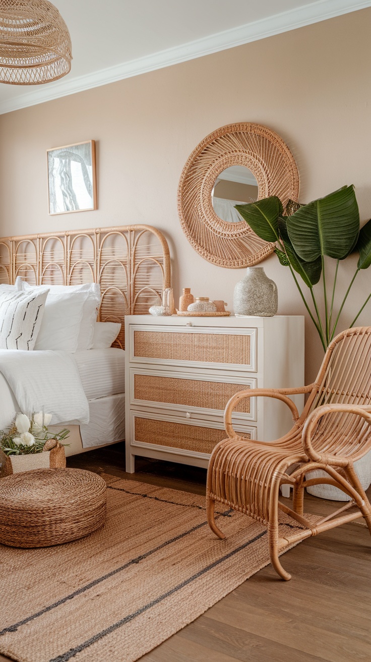 A coastal bedroom featuring a rattan headboard, light bedding, and woven textures.