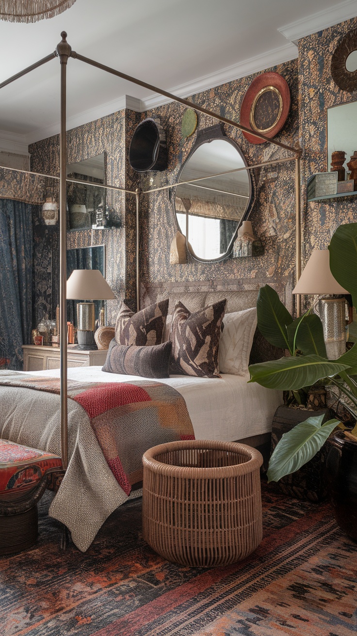 A cozy maximalist bedroom featuring a gallery wall with framed art, a plush bed with colorful pillows, and artisan-crafted furniture.