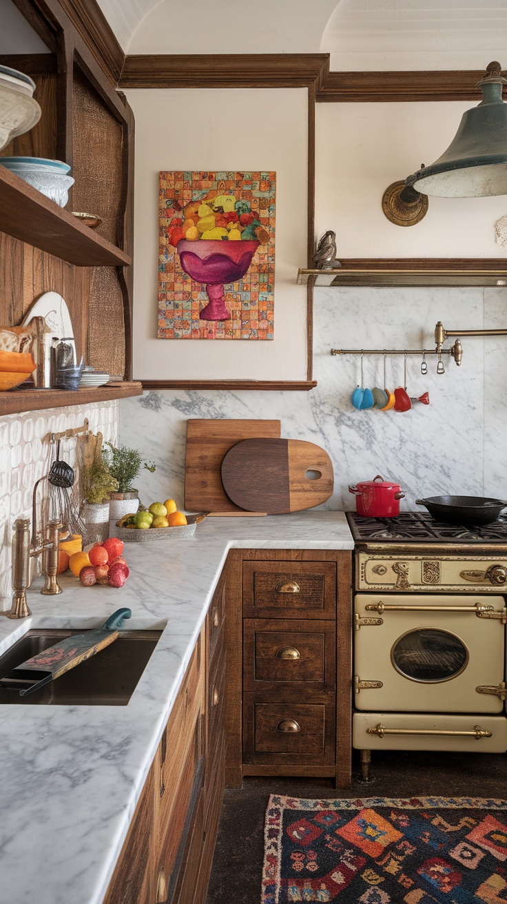 A modern kitchen featuring white cabinetry, a red pendant light, and decorative items on open shelves.