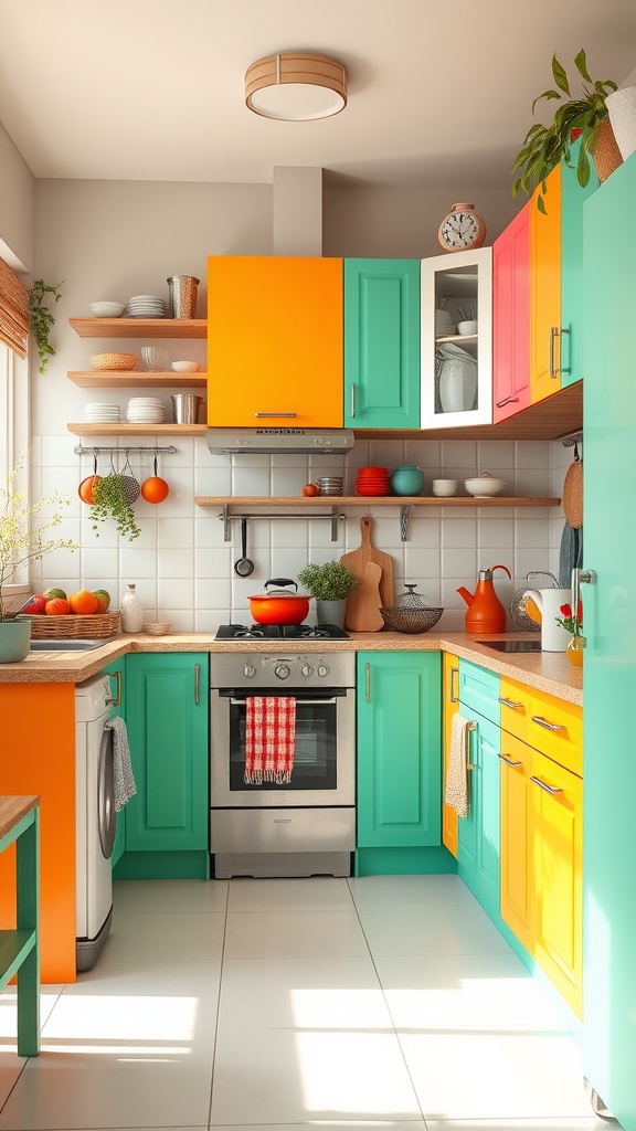 A colorful kitchen with orange, teal, and pink cabinets, showcasing a lively and inviting cooking space.